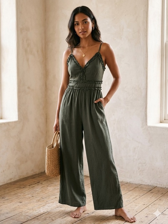 Blue Rain Pants - Blue Rain Olive V-Neck Wide-Leg Jumpsuit